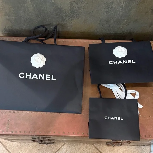 CHANEL Black Shopping Bags with White Camellia and Logo - Picture 1 of 3